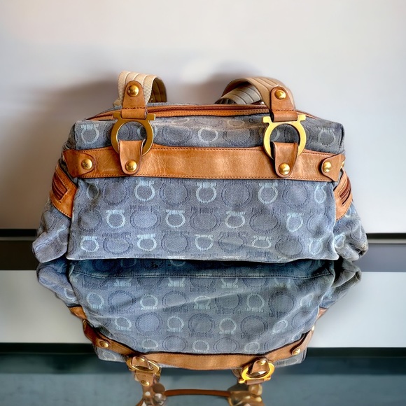 Ferragamo cotton blue denim shoulder satchel leather w/dustbag #H76c - Picture 2 of 10